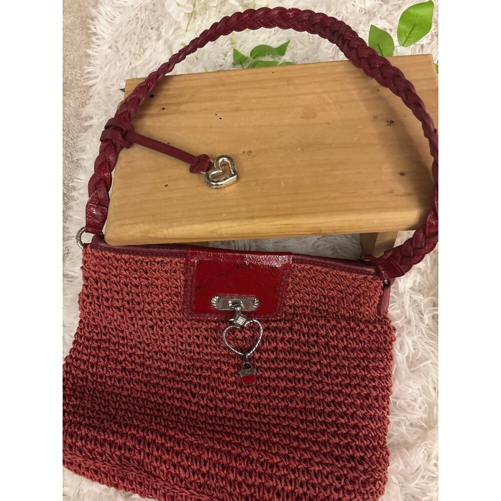 Brighton Vintage Red Straw Handbag With Heart Charm & Leather Braided Strap